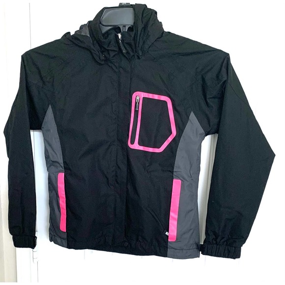 KILLTEC TECHNICAL OUTDOOR HOODED JACKET, GIRLS 10, BLACK WITH PINK/GREY TRIM - Picture 1 of 12